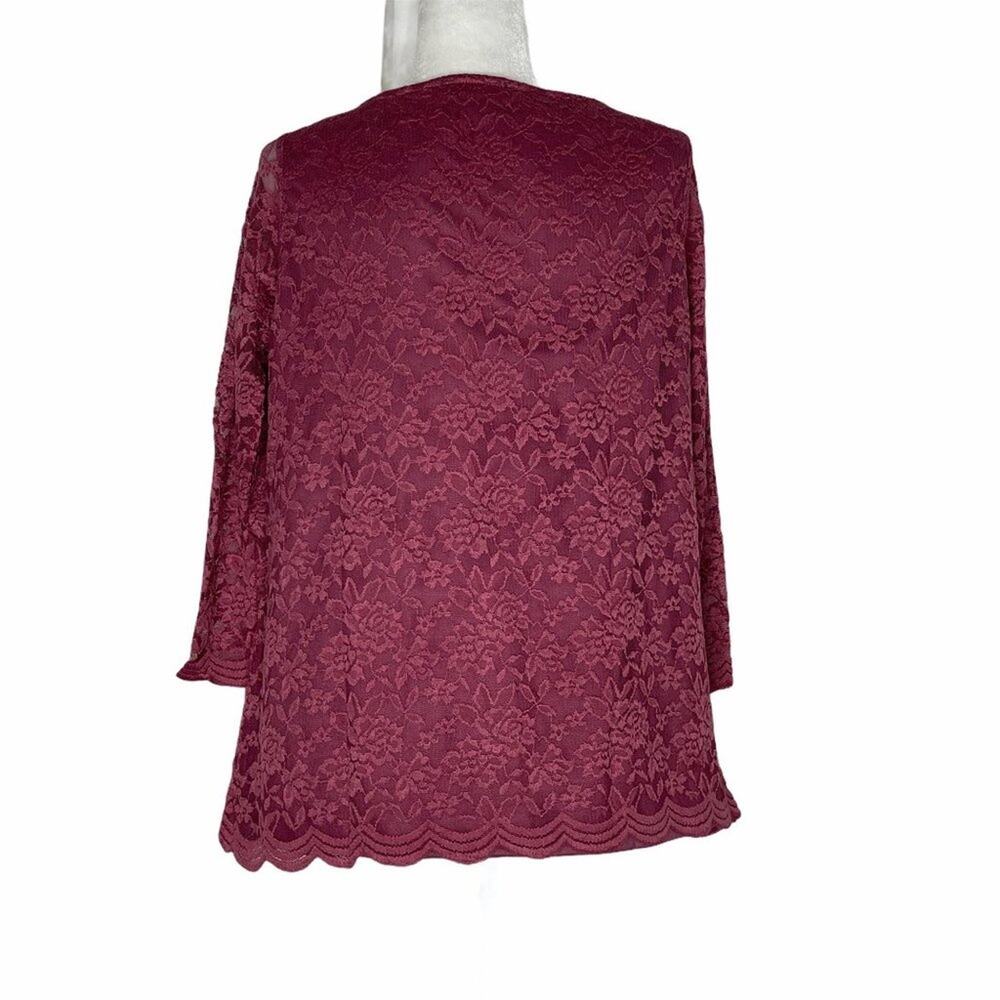 Roaman's Burgundy Lace Long Sleeved Scoop Neck Blouse Size 12 - Picture 3 of 8